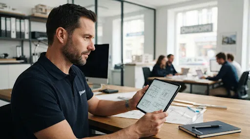 Professioneller Mann in marineblauem Poloshirt betrachtet Architekturpläne auf einem Tablet in einem technischen Büro